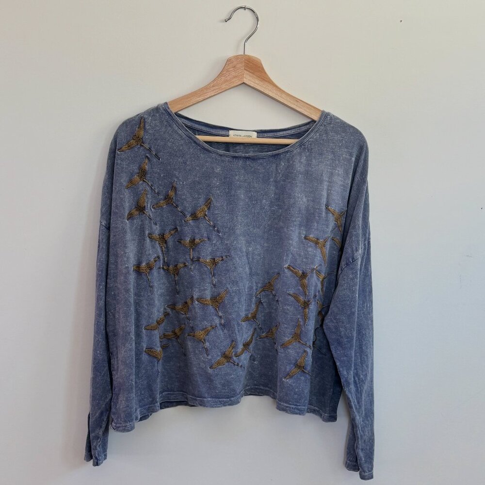 Handmade Blue Krista Larson Embroidered Crane Long Sleeve Top One Size Fits All